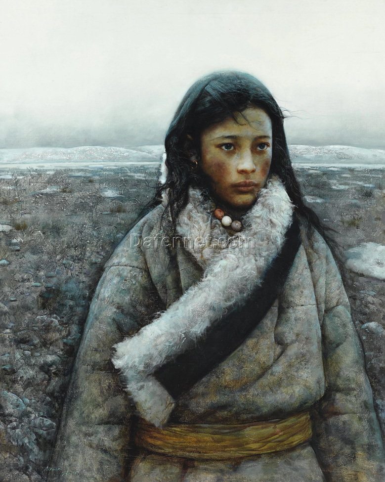 Ai Xuan ‘Tibetan Girl’ 1989 Signed Oil Painting on Canvas – Pinyin & Chinese Signature – Realistic Tibetan Portrait Wall Art