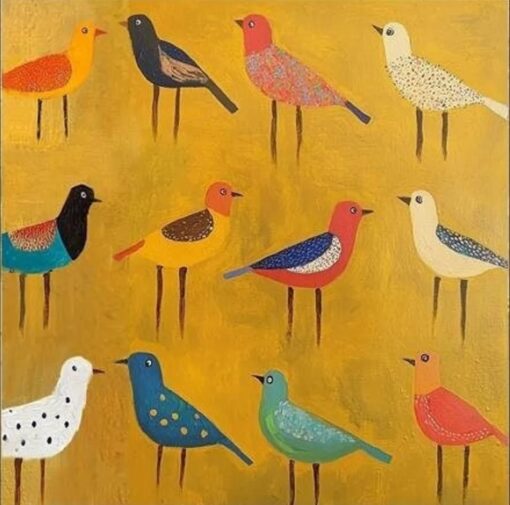Hand-Painted Minimalist Bird on Yellow Background | Dafen Village Oil Painting Studio