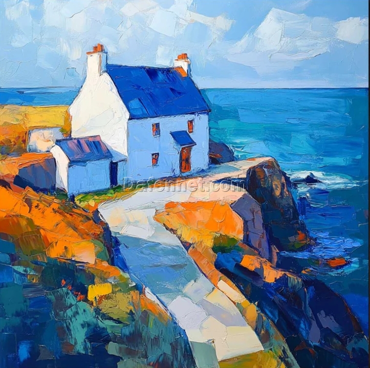 Seaside House Impressionist Oil Painting | Hand-Painted Wall Art from Dafen Village Studio | Coastal Landscape Canvas for Living Room or Bedroom Décor | Custom Impressionism Art