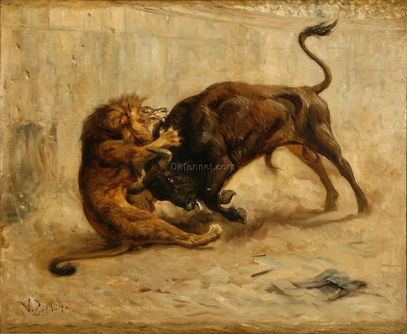 Valdemar Irminger – A Lion and Bull Fighting | Hand-Painted Oil Painting Reproduction | DafenVillage Oil Painting Studio  deposit