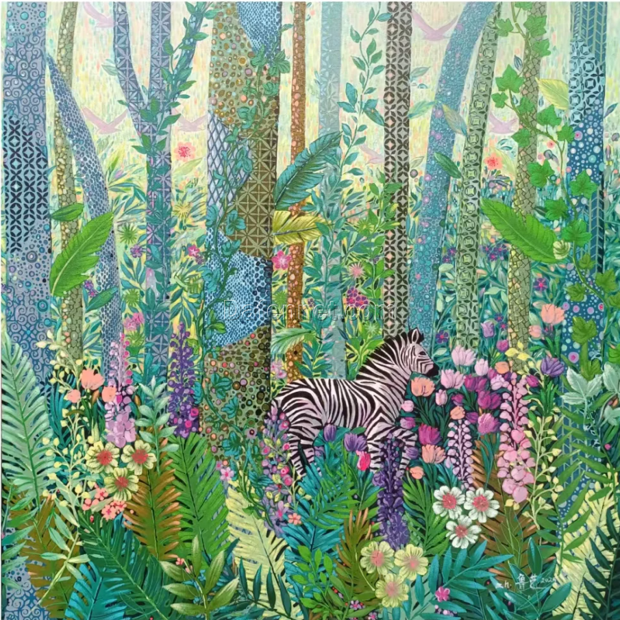 Original Hand-Painted Zebra in Forest Oil Painting | Unique Animal Wall Art from DaFen Village