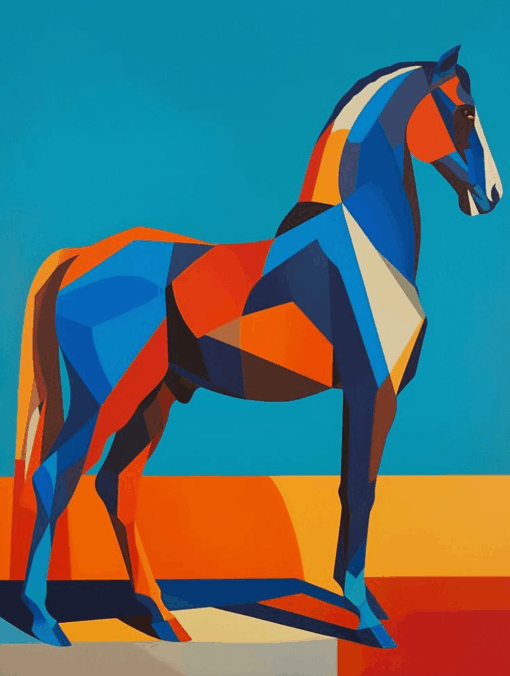 Peinture à l'huile cubiste représentant un cheval aux couleurs vives – Œuvre d'art moderne abstraite sur toile réalisée par l'atelier de peinture à l'huile du village de Dafen