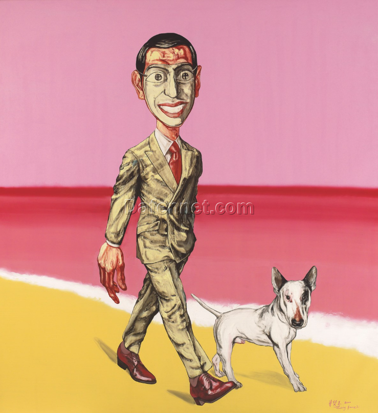 Hand-Painted Replica of Zeng Fanzhi Mask Series – Dog by the Sea | Modern Chinese Oil on Canvas