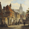 Willem Koekkoek oil painting reproduction – Townsfolk in a Sunlit Street with a Church Beyond, hand-painted by Dafen Village Studio