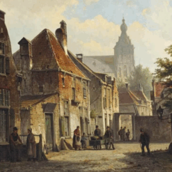 Willem Koekkoek oil painting reproduction – Townsfolk in a Sunlit Street with a Church Beyond, hand-painted by Dafen Village Studio