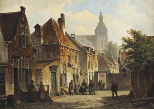 Willem Koekkoek – Townsfolk in a Sunlit Street with a Church Beyond | Custom Oil Painting Reproduction, Dafen Village Studio