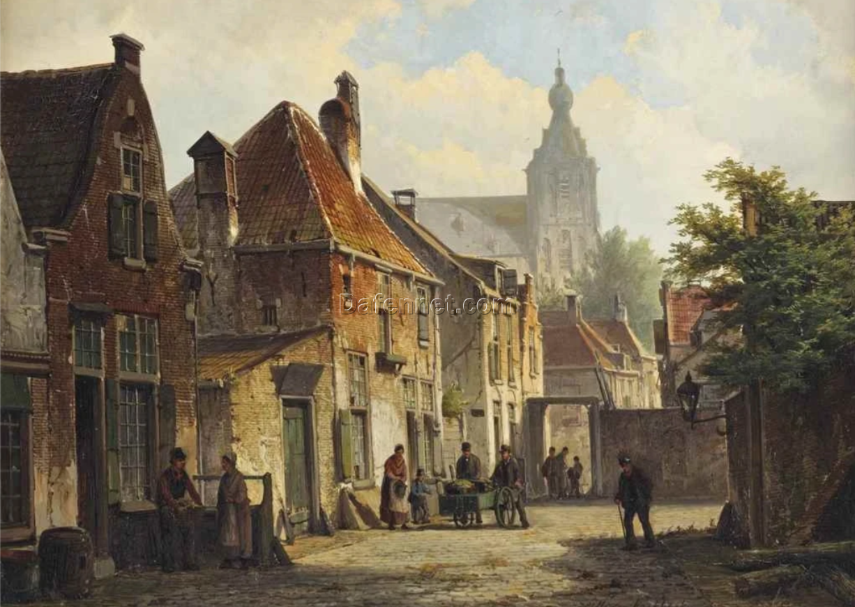 Willem Koekkoek – Townsfolk in a Sunlit Street with a Church Beyond | Custom Oil Painting Reproduction, Dafen Village Studio