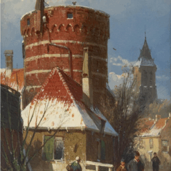 Willem Koekkoek “Dutch Street with Old Fortress Tower in Snow” Hand-Painted Oil Painting | Dafen Village Studio Museum Quality Reproduction