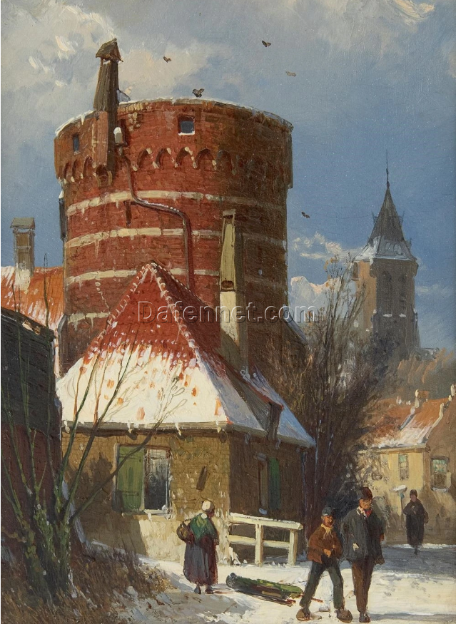Willem Koekkoek “Dutch Street with Old Fortress Tower in Snow” Hand-Painted Oil Painting | Dafen Village Studio Museum Quality Reproduction