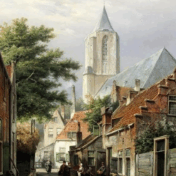 Willem Koekkoek “Figures Beside a Baker’s Cart with Church Beyond” | Hand-Painted Oil Painting Reproduction | Dafen Village Studio