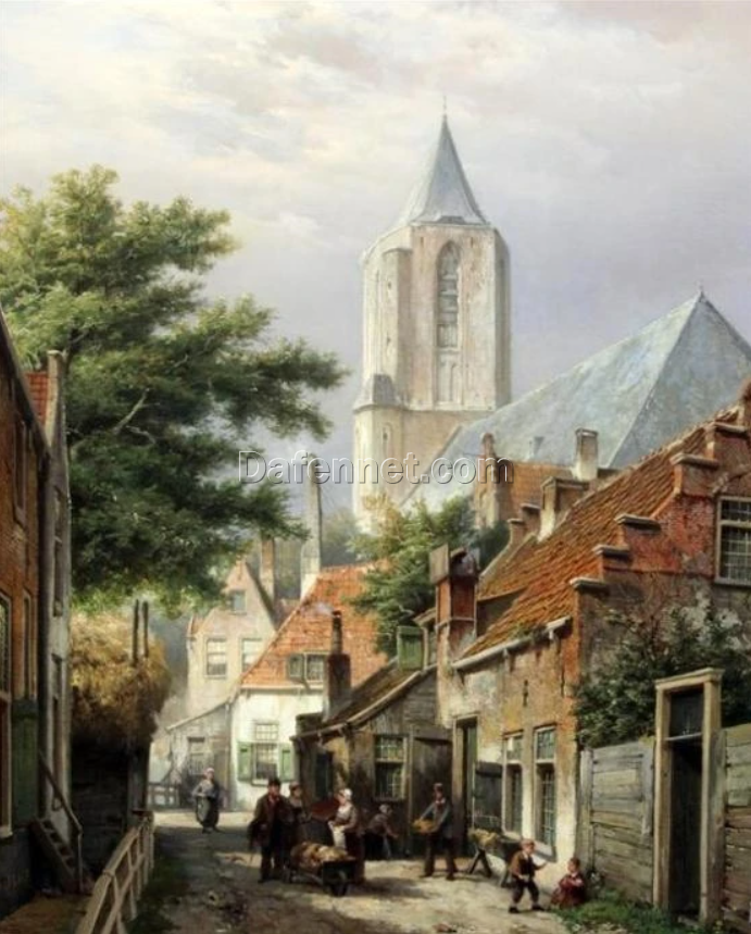 Willem Koekkoek “Figures Beside a Baker’s Cart with Church Beyond” | Hand-Painted Oil Painting Reproduction | Dafen Village Studio