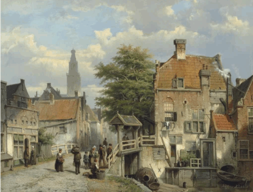 Willem Koekkoek “Figures on a Bridge by a Dutch Canal” | Hand-Painted Oil Painting Reproduction | Dafen Village Studio