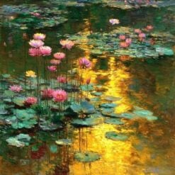 Golden Water Lilies Oil Painting – Hand-Painted Impressionist Landscape on Canvas | Monet-Inspired Pond Artwork by Dafen Village Artists | Custom Size Wall Art