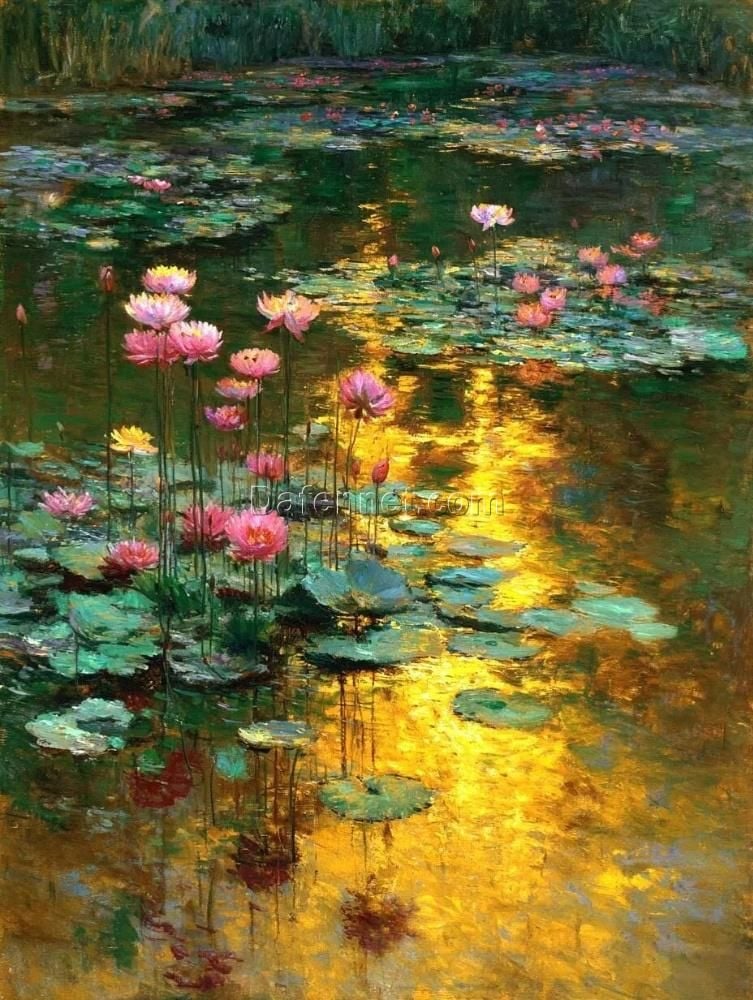 Golden Water Lilies Oil Painting – Hand-Painted Impressionist Landscape on Canvas | Monet-Inspired Pond Artwork by Dafen Village Artists | Custom Size Wall Art