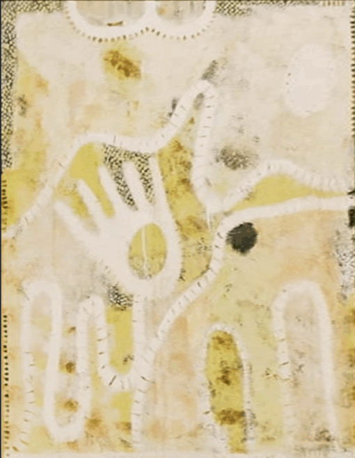 Abstract Hand Motif Painting – Beige and Gold Minimalist Tribal Art, Handcrafted Oil on Canvas by DaFen Village Artists