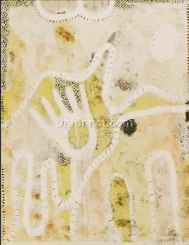 Abstract Hand Motif Painting – Beige and Gold Minimalist Tribal Art, Handcrafted Oil on Canvas by DaFen Village Artists