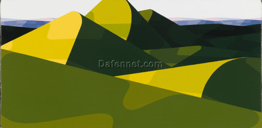 Modern Abstract Mountain Landscape – Geometric Green Hills Oil Painting on Canvas | Minimalist Wall Art from DaFen Village Studio