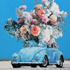 “Blue Beetle with Blooming Flowers” Modern Pop Art Oil Painting – Colorful Car and Floral Canvas Wall Art, Hand-Painted by DaFen Village Artists
