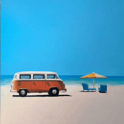“Beach Van and Umbrella” – Coastal Minimalist Oil Painting on Canvas | Vintage Car Seaside Wall Art | Hand-Painted by DaFen Village Artists