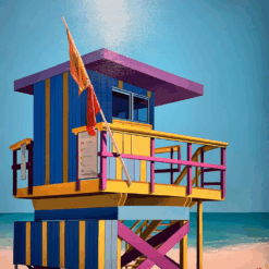 “Lifeguard Tower by the Sea” – Modern Coastal Oil Painting on Canvas | Colorful Beach Architecture Wall Art | Hand-Painted by DaFen Village Artists