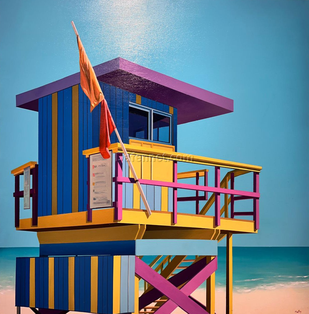“Lifeguard Tower by the Sea” – Modern Coastal Oil Painting on Canvas | Colorful Beach Architecture Wall Art | Hand-Painted by DaFen Village Artists