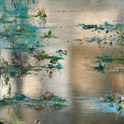Abstract Water Lily Painting on Silver Leaf – Hand-Painted Modern Impressionist Art | Metallic Texture Lotus Pond Wall Art | Custom Dafen Village Oil Painting on Canvas