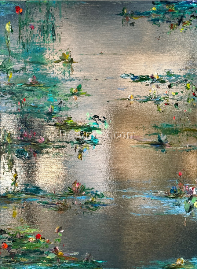 Abstract Water Lily Painting on Silver Leaf – Hand-Painted Modern Impressionist Art | Metallic Texture Lotus Pond Wall Art | Custom Dafen Village Oil Painting on Canvas