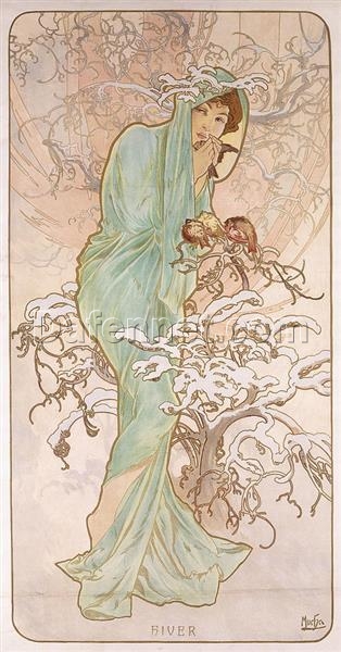 Winter (1896) by Alphonse Mucha — Hand-Painted Art Nouveau Masterpiece | The Seasons Series | Custom Reproduction by DaFen Village Studio