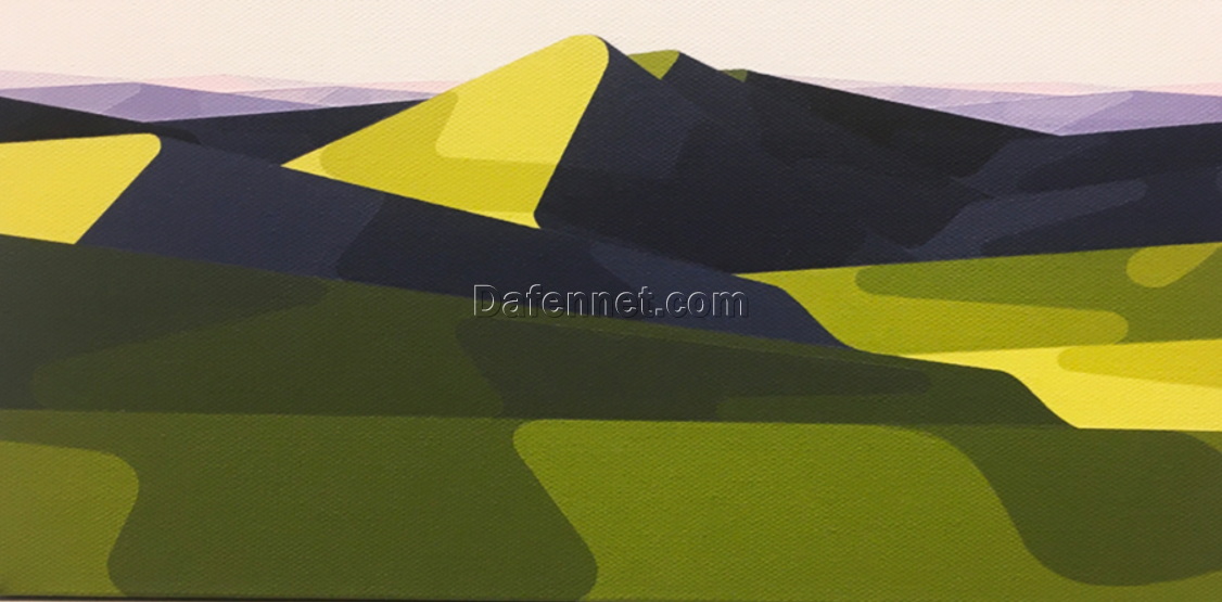 Abstract Geometric Landscape – Minimalist Green Mountains Wall Art, Hand-Painted Oil on Canvas | DaFen Village Artists