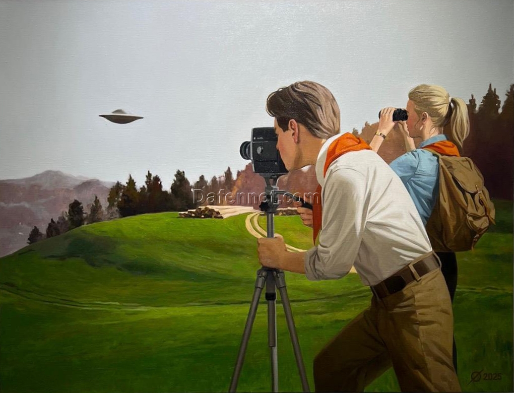 “UFO Encounter” – Retro Surreal Oil Painting on Canvas | Vintage Couple Filming Flying Saucer | Hand-Painted by DaFen Village Artists