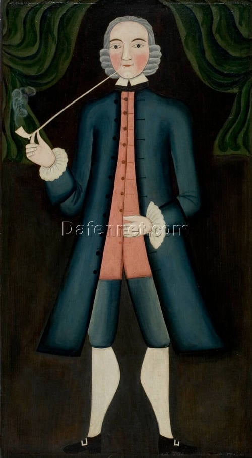 Gentleman with Pipe – Folk Art Style Portrait Painting | Handmade Oil on Wood Panel by Da Fen Village Studio