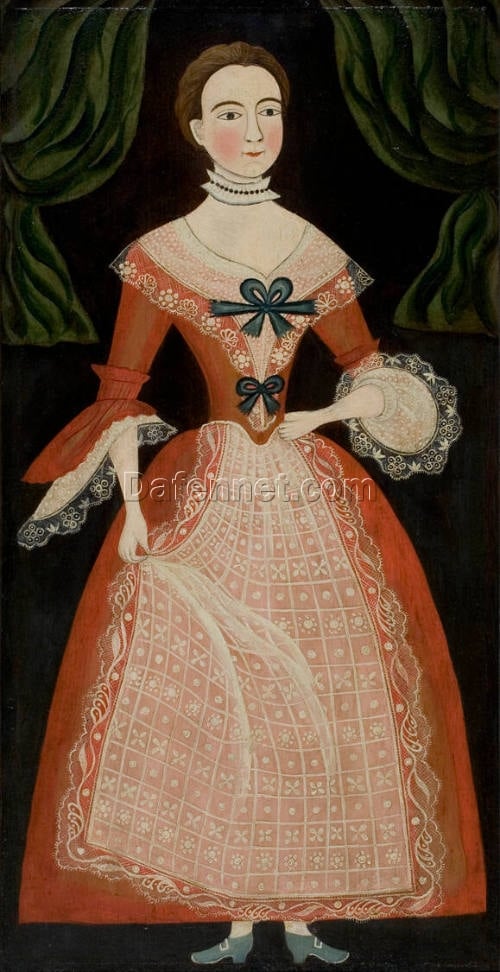 Lady in Red Dress – Folk Art Style Portrait Painting | Handmade Oil on Wood Panel by Da Fen Village Studio
