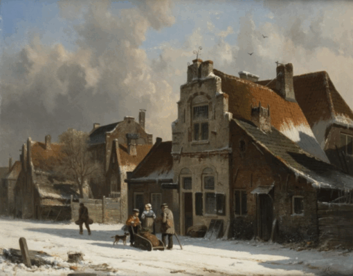 “Begegnung auf der winterlichen Straße” by Adrianus Eversen – Hand-Painted Oil Painting | Classic 19th Century Dutch Winter Street Scene | Dafen Village Studio
