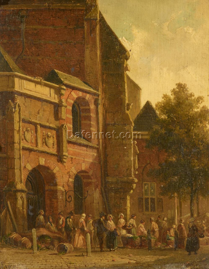Handmade Dutch Churchside Market Scene Oil Painting – Adrianus Eversen Style