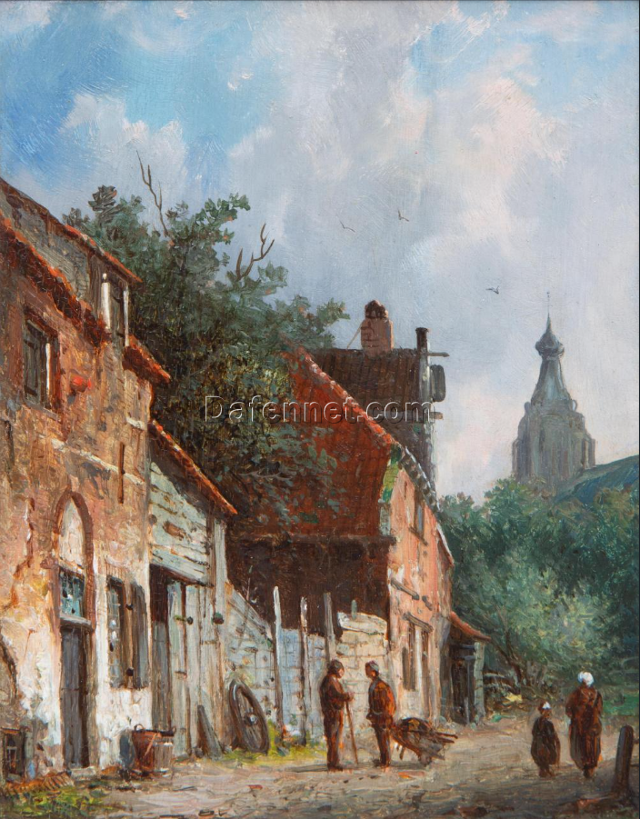 A Sunlit City View – Handmade Oil Painting by Adrianus Eversen | Dutch Cityscape Wall Art for Living Room or Office Décor