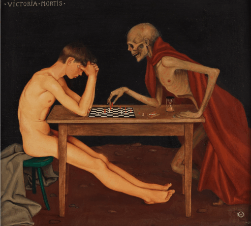 Dafen Village Hand-Painted Victoria Mortis Memento Mori Chess Oil Painting – Gothic Dark Academia Wall Art for Macabre Home/Office Decor