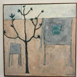 Contemporary Minimalist Oil Painting – Tree and Structure Composition (Hand-Painted Reproduction)