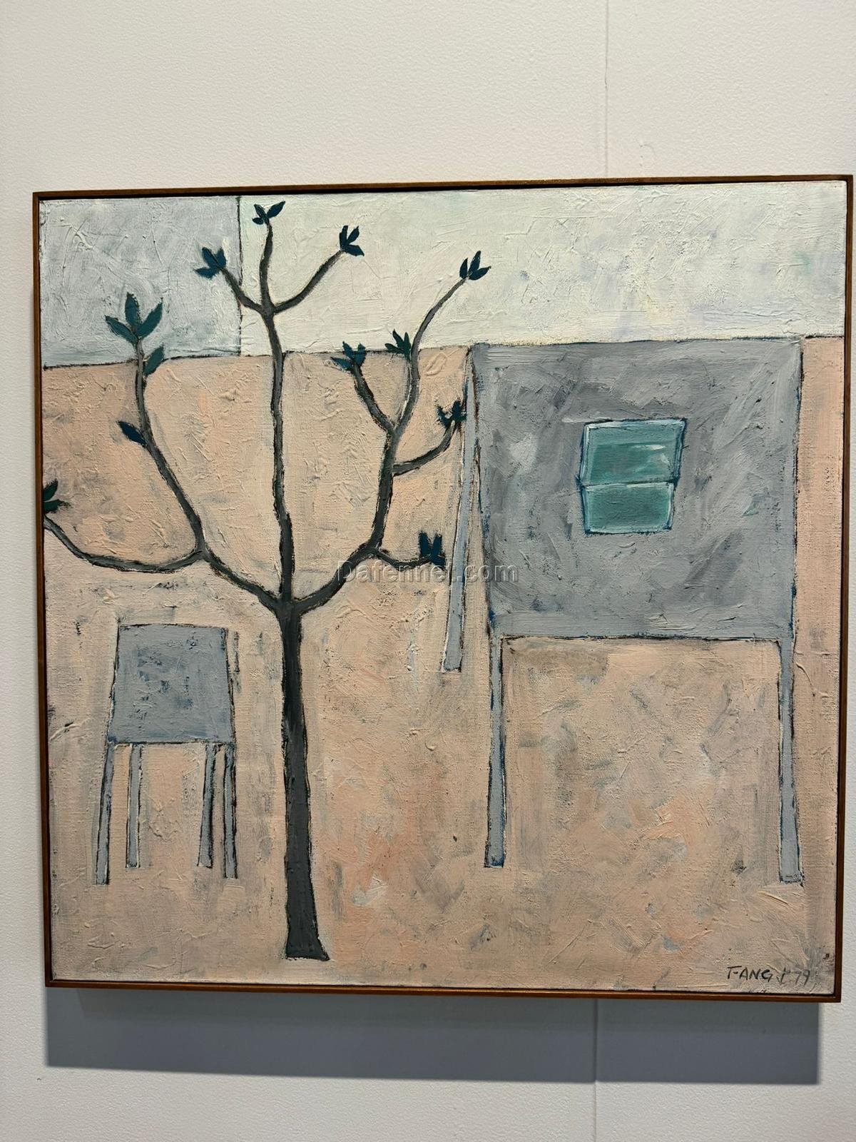 Contemporary Minimalist Oil Painting – Tree and Structure Composition (Hand-Painted Reproduction)
