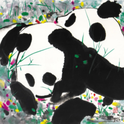 Wu Guanzhong Panda Painting - Hand-painted modern Chinese abstract art of two pandas playing in grass