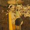 Ölgemälde-Reproduktion im Stil von Cheong Soo Pieng Nanyang, das zwei stilisierte balinesische Frauen mit Obstkörben und einem Tontopf zeigt, in Erdtönen mit strukturiertem Hintergrund, handgemaltes Kunstwerk in Museumsqualität.