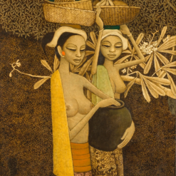 Ölgemälde-Reproduktion im Stil von Cheong Soo Pieng Nanyang, das zwei stilisierte balinesische Frauen mit Obstkörben und einem Tontopf zeigt, in Erdtönen mit strukturiertem Hintergrund, handgemaltes Kunstwerk in Museumsqualität.