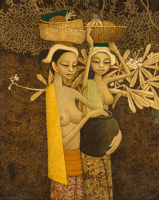 Hand-Painted Nanyang Style Oil Painting: “Balinese Women with Harvest” – Inspired by Cheong Soo Pieng – Museum Quality Reproduction