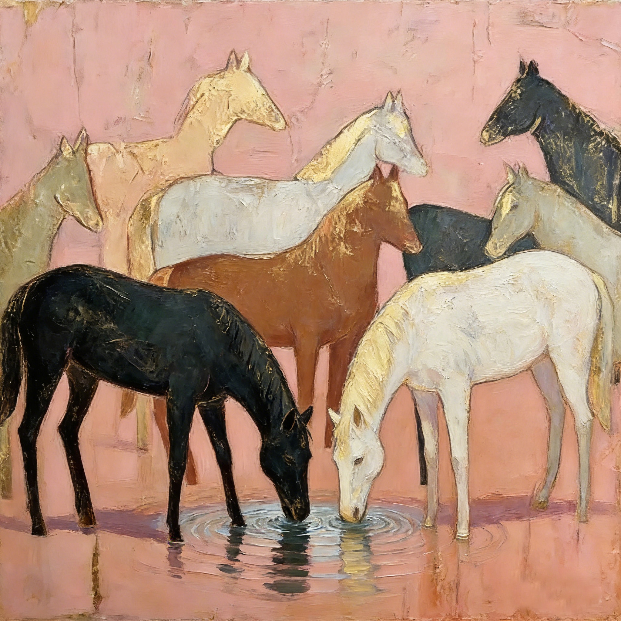 Modern Impressionist Horses Drinking Oil Painting – Hand-Painted Heavy Texture Wall Art on Canvas – Serene Animal Decor for Living Room