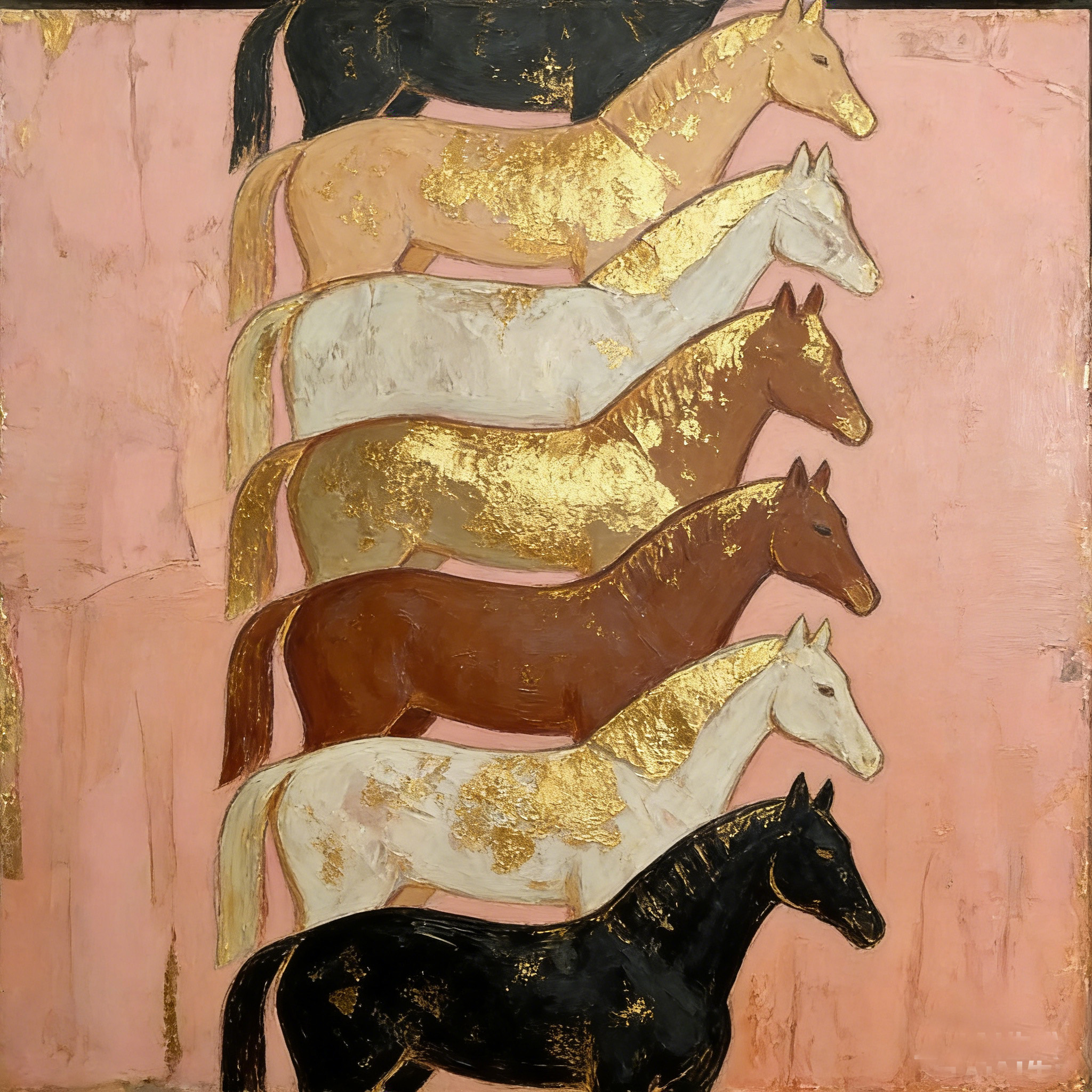 Contemporary Gold Leaf Horse Oil Painting – Textured Equestrian Art on Pink Canvas