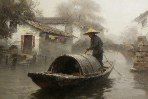 Vintage Chinese Water Town Oil Painting – “Misty Memories of Jiangnan” – Hand-Painted Canvas Art with Boatman & Ancient Stone Bridge