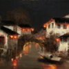 Night view of Chinese water town oil painting with glowing red lanterns and stone bridge
