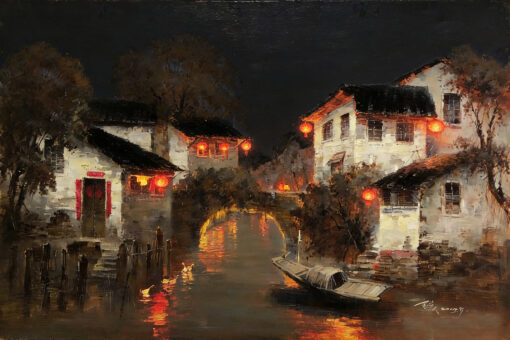 Chinese Water Town Oil Painting Series – “Day & Night in Jiangnan” – Hand-Painted Canvas Art with Stone Bridge, Red Lanterns & Misty Canal