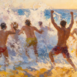 Large Beach Wall Art – Group of Men Running into the Ocean – Impressionist Style