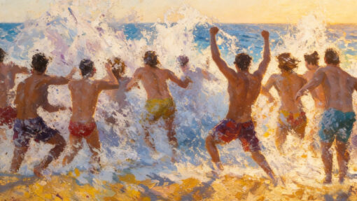 Large Beach Wall Art – Group of Men Running into the Ocean – Impressionist Style