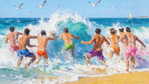 Hand-Painted Coastal Beach Scene – Group of Men Diving into Waves